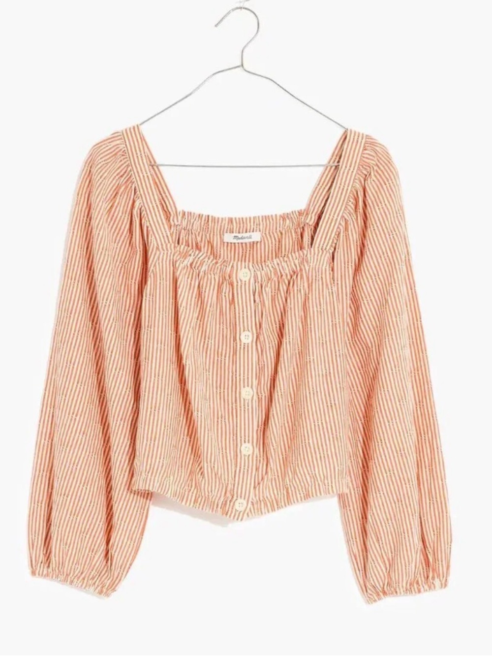 Madewell Puff-Sleeve Button-Front Crop Top Seersucker Peasant Blouse